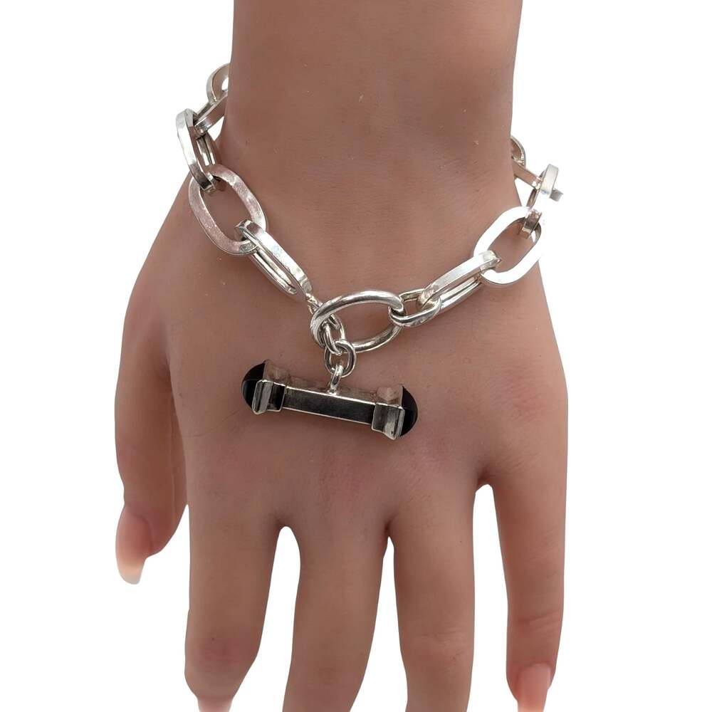 925 Italy Sterling Silver Onyx Toggle Oval Chain Link Bracelet 24.26g